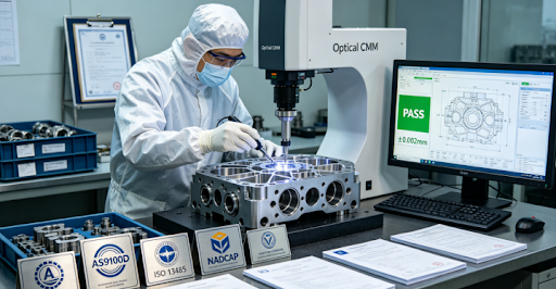 A quality inspector performs a final precision measurement on a complex 5-axis machined aerospace component using an optical CMM in a certified laboratory, highlighting stringent quality control.